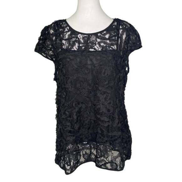 ECI New York Tops - ECI New York Ruffled Black Lace Cap Sleeve Top with Built-In Camisole XL #248